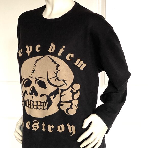 A&G AMAL GUESSOUS 100% CASHMERE BLACK SKULL CARPE DIEM DESTROYED SWEATER SIZE: L - Picture 6 of 7
